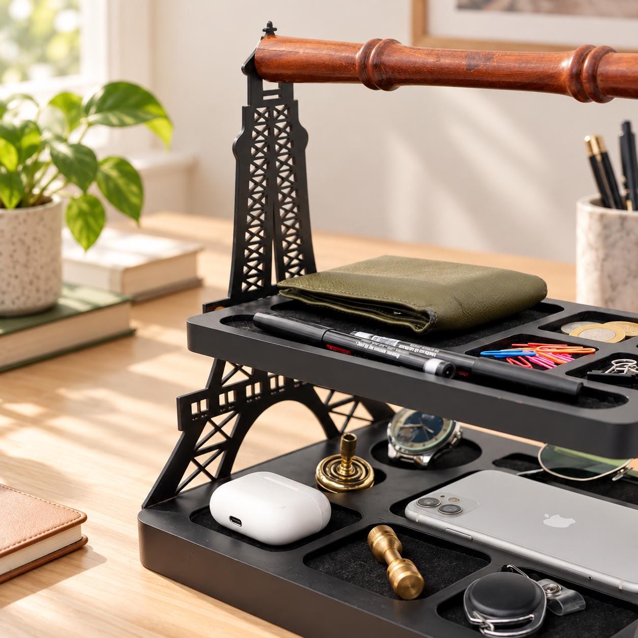 Eiffel Tower Desk Organizer - Handmade Wooden Charging Station