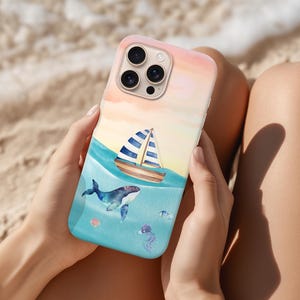 Coastal Nautical Watercolor iPhone Case, Marine Life Ocean Life Phone Cover, Sailboat Case iPhone 10, 11, 12, 13, 14, 15, 16, Gift for Her