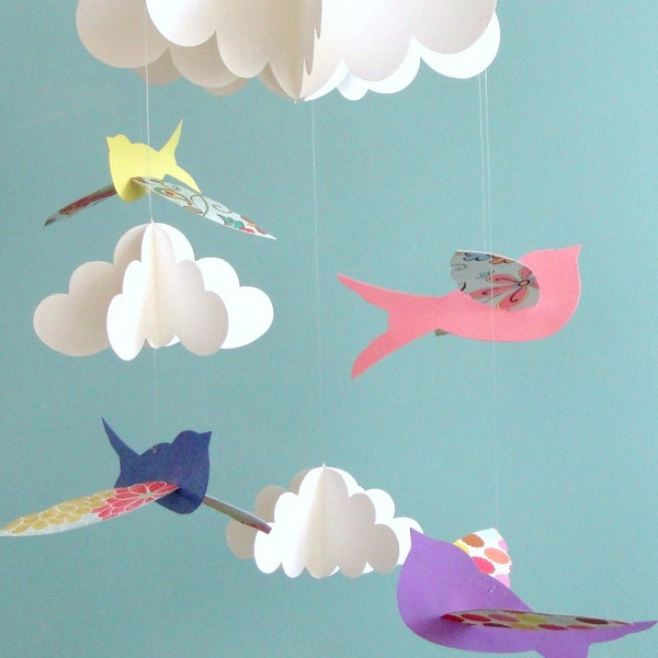 Bird Mobile, Baby Mobile, Birds and Cloud Mobile, Baby Mobile, 3D Mobile, Nursery Mobile