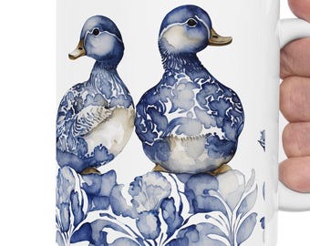 Delft Blue Duck Ceramic Mug, Chinoiserie Watercolor Floral Coffee Cup, Blue and White Animal Pattern Tea Mug, Cute Duck Lover Gift Her