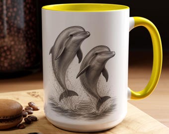 Delfines. Taza con diseño de animales. Regalo para niños fanáticos de animales acuáticos. Tazón de vacaciones. Temática oceánica. Flipper.