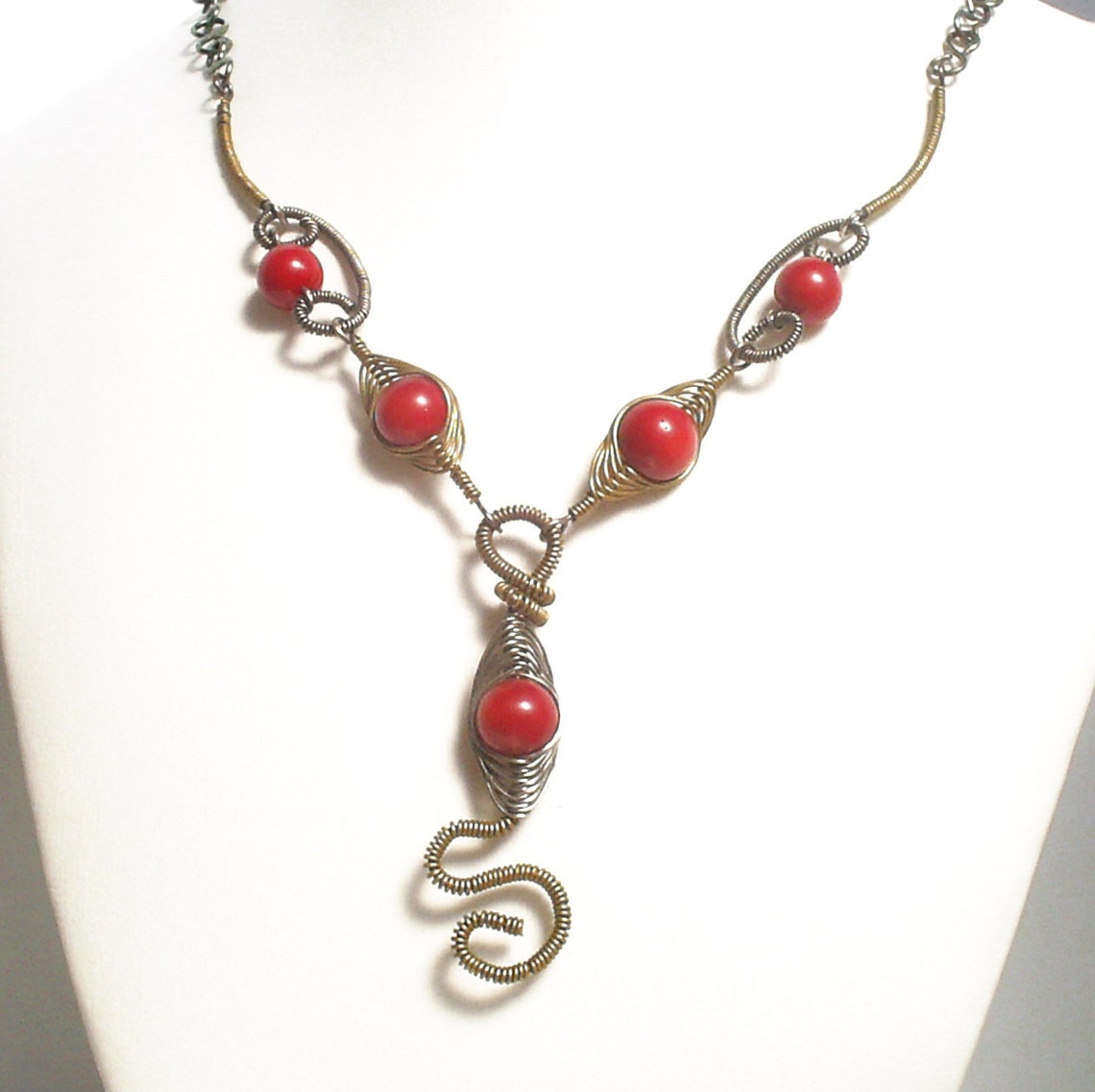 Red Coral Snake Necklace Antiqued Handmade Coral Statement Etsy