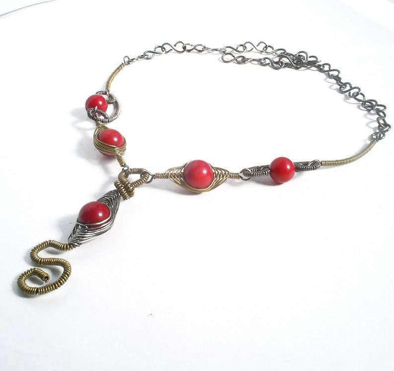 Red Coral Snake Necklace Antiqued Handmade Coral Statement Etsy