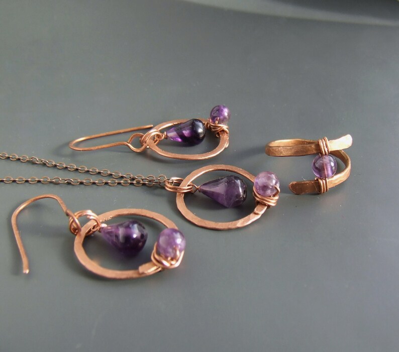hammered copper earrings amethyst gemstone jewelry Amethyst hoop earrings february birthstone jewelry