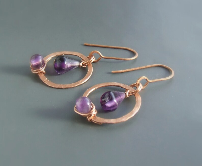 hammered copper earrings amethyst gemstone jewelry Amethyst hoop earrings february birthstone jewelry