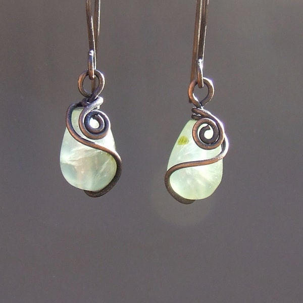 Green prehnite earrings, green natural eye drop stone rustic copper jewelry gift for women