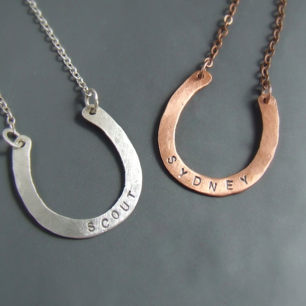 Personalized horseshoe necklace, custom hand stamped silver or copper equestrian jewelry, women birthday gift for horse lovers