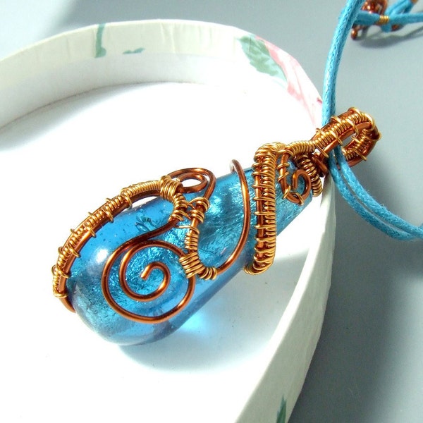 Sea blue necklace copper enameled wire wrapped jewelry