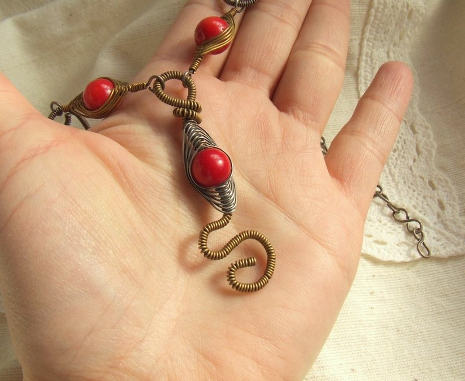 Red Coral Snake Necklace Antiqued Handmade Coral Statement Etsy