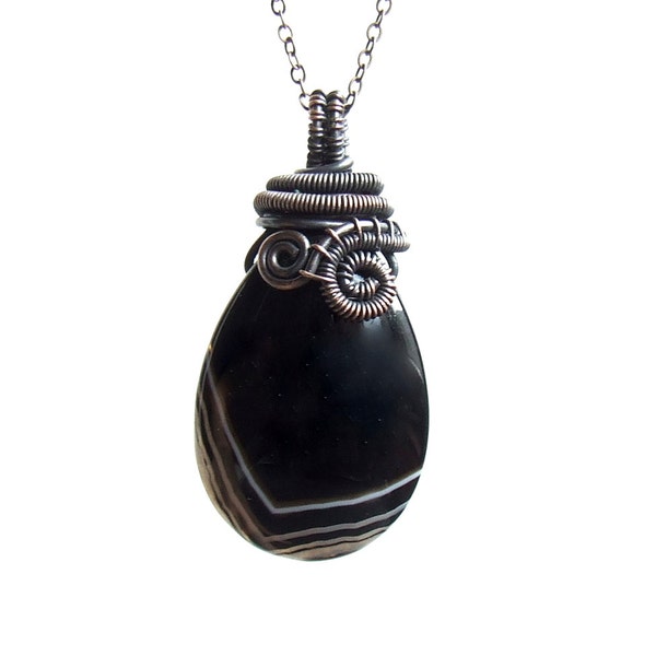 Black agate necklace, copper pendant, striped stone handmade jewelry