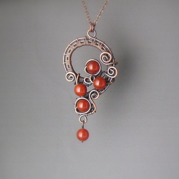 Red carnelian necklace, natural stone copper necklace, carnelian handmade pendant