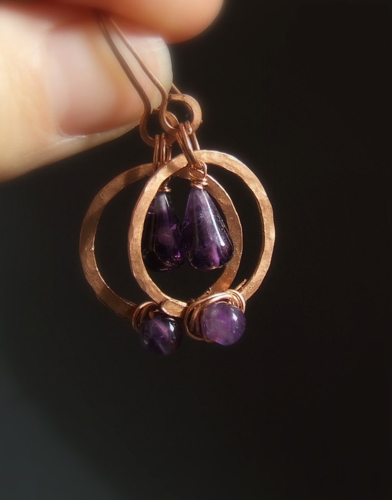 hammered copper earrings amethyst gemstone jewelry Amethyst hoop earrings february birthstone jewelry