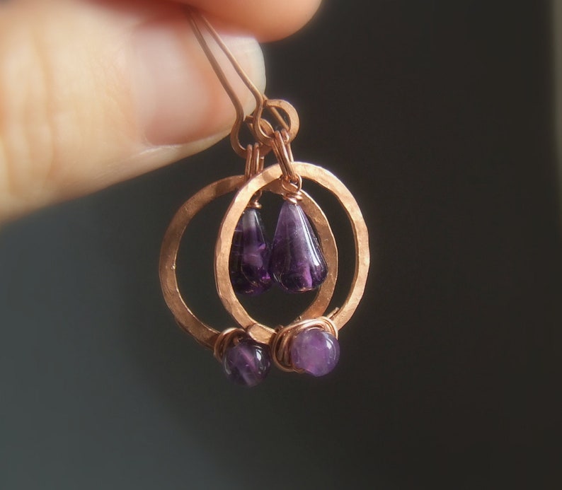 hammered copper earrings amethyst gemstone jewelry Amethyst hoop earrings february birthstone jewelry