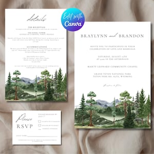 Forest and Mountain Wedding Invitation Suite Template, Forrest Mountain Wedding Invitation, Colorado Simple Mountain Drawing-EDIT w/Canva