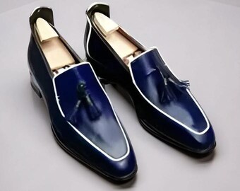 Mocasines elegantes con borlas de piel auténtica color azul marino hechos a mano para hombre