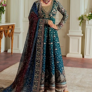 Blue Pakistani Wedding Dress Mehndi Nikkah Suit Heavily Embroidered Anarkali Gown Indian Clothes Guest Partywear Outfit, Made to Order