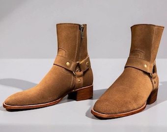 Nueva bota vaquera con cremallera de piel de ante pura hecha a mano para hombre