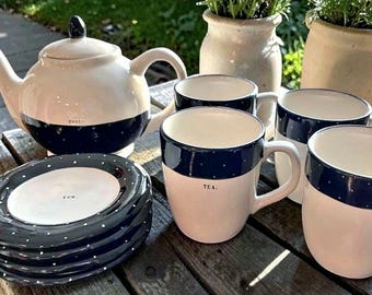 RARE Rae Dunn "Black & White Polka Dot" Tea Set | Complete 9-Piece Collection