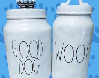 Rae Dunn Dog TreatsRae Dunn Dog Treat Canister "GOOD DOG" Crown Lid or "WOOF"
