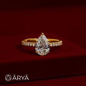 Pear Lab Grown Diamond Engagement Ring: 14K White Gold Pavé Band