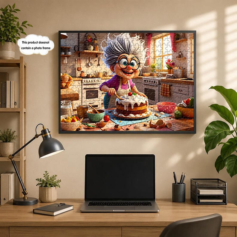 May include: A framed jigsaw puzzle depicting a cartoon of a smiling elderly woman decorating a cake in a kitchen. The puzzle features vibrant colors and intricate details, with various kitchen items and food items visible.