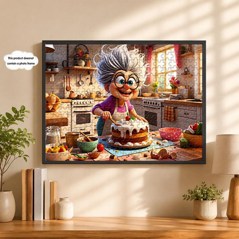May include: Framed jigsaw puzzle featuring a cartoon image of a smiling elderly woman in a kitchen, decorating a layered cake with whipped cream. The puzzle has a black frame and includes text that says "This product does not contain a photo frame."