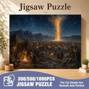 May include: A jigsaw puzzle featuring a dark, starry night scene with a glowing golden pillar of light descending over a desert encampment. The image shows tents, people gathered around small fires, and sheep. Text reads Jigsaw Puzzle.