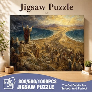 Op de afbeelding: Een rechthoekige legpuzzel met een gedetailleerde illustratie van een bijbelse scène waarin een figuur met een staf de zee splitst voor een grote groep mensen. De tekst Jigsaw Puzzle, 300/500/1000PCS en The Cut Details Are Smooth And Perfect is zichtbaar.