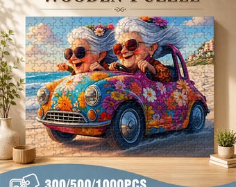 Funky Grandma Road Trip in Flower Car Jigsaw Puzzle (300/500/1000pcs), Wooden Puzzle, Beach Adventure Decor, Gift for Seniors, Grandma Gift