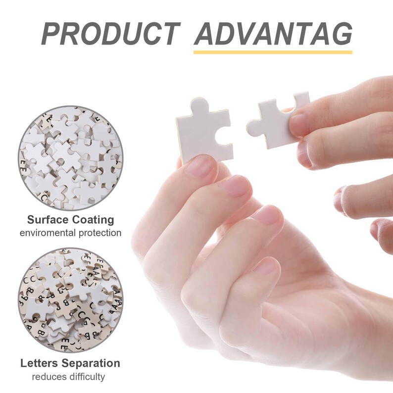 May include: White puzzle pieces with the text "PRODUCT ADVANTAGE". Two puzzle pieces are held in the air, one being connected to the other. The image also shows two circles with puzzle pieces, one with letters and numbers, and the other with the text "Surface Coating enviromental protection".