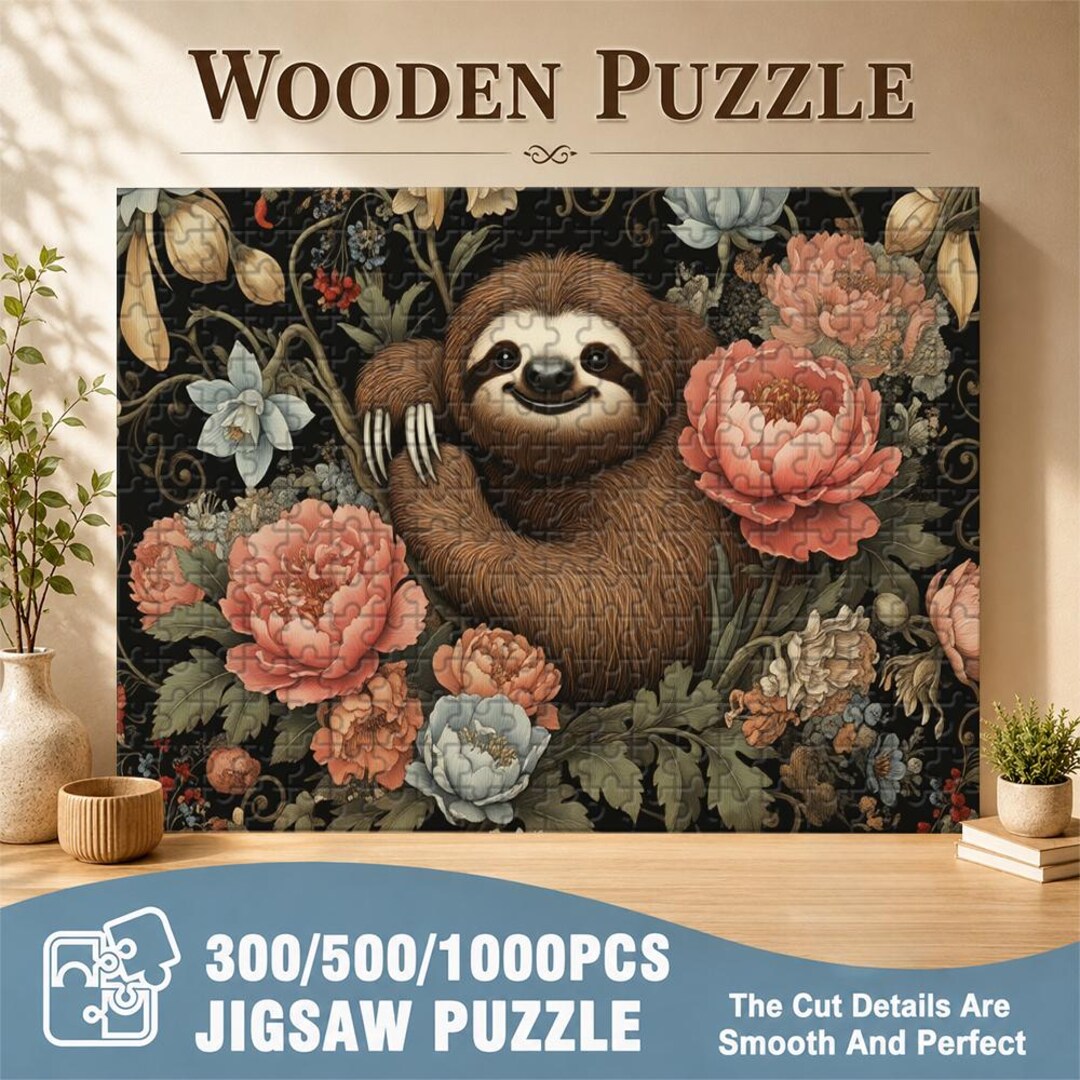 Sloth With Peony Flowers Wooden Jigsaw Puzzle (300/500/1000pcs), Floral ...