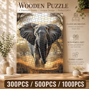 May include: Wooden puzzle featuring a detailed illustration of an elephant in a forest setting. The puzzle is available in 300, 500, and 1000 pieces. The text on the puzzle reads "Wooden Puzzle" and "Premium Quality | Unique Design | Perfect Gift."