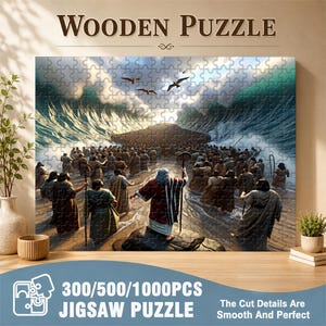 Könnte beinhalten: Ein Holzpuzzle mit einer biblischen Szene von Menschen, die Wasser überqueren, mit dem Text "WOODEN PUZZLE" oben. Erhältlich in 300, 500 oder 1000 Teilen. Der Text "The Cut Details Are Smooth And Perfect" ist ebenfalls enthalten.