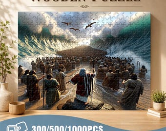 May include: A wooden jigsaw puzzle featuring a biblical scene of people crossing a body of water, with the text "WOODEN PUZZLE" at the top. The puzzle is available in 300, 500, or 1000 pieces. The text "The Cut Details Are Smooth And Perfect" is also included.