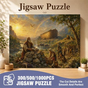 Może przedstawiać: Puzzle przedstawiające obraz Arki Noego na górze pod tęczą. Scena ukazuje brodatą postać budującą kamienny ołtarz, w otoczeniu zwierząt i ludzi. Tekst na obrazie brzmi Jigsaw Puzzle 300/500/1000PCS.