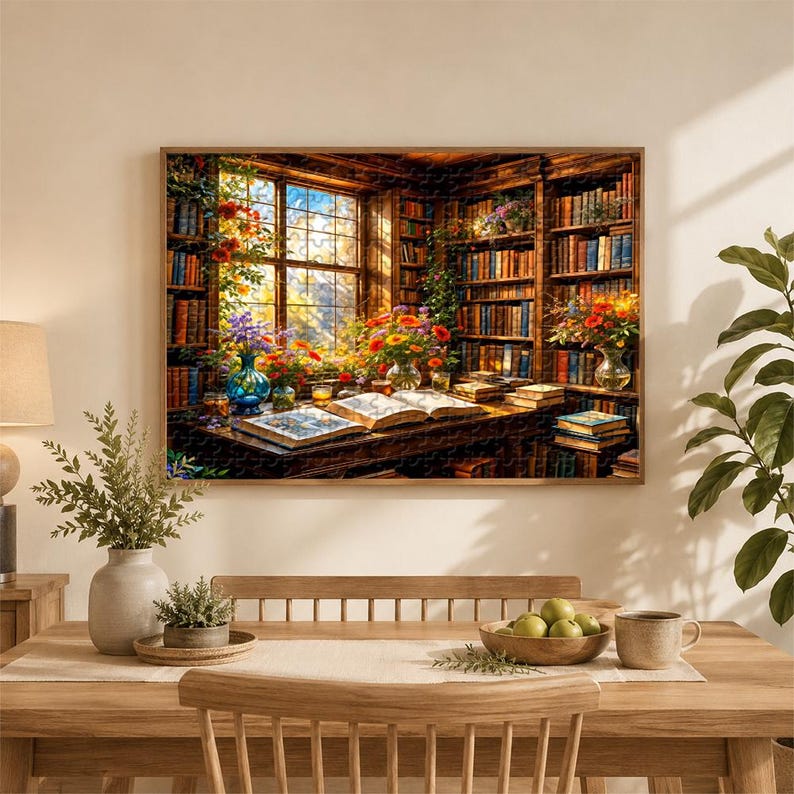 May include: A framed jigsaw puzzle depicting a cozy library scene. The image shows a wooden desk with open books, vases of flowers, and bookshelves filled with books. A window offers a view of a sunny outdoor scene.