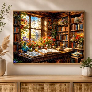 May include: A jigsaw puzzle depicting a cozy library scene. The image shows a wooden desk with open books, vases of flowers, and bookshelves filled with books. A large window offers a view of a bright, sunny day. The puzzle is framed in a wooden border.