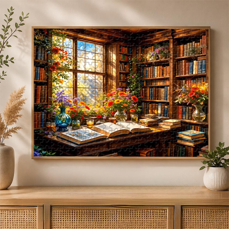 May include: A jigsaw puzzle depicting a cozy library scene. The image shows a wooden desk with open books, vases of flowers, and bookshelves filled with books. A large window offers a view of a bright, sunny day. The puzzle is framed in a wooden border.