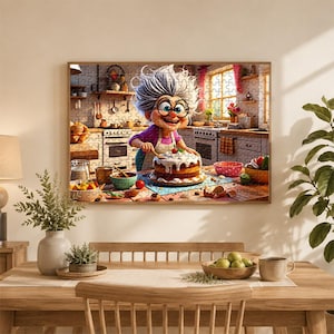 May include: A framed jigsaw puzzle depicting a cartoon of a smiling elderly woman in a kitchen, decorating a cake. The puzzle features a warm color palette with a focus on the kitchen setting, including appliances, utensils, and ingredients.