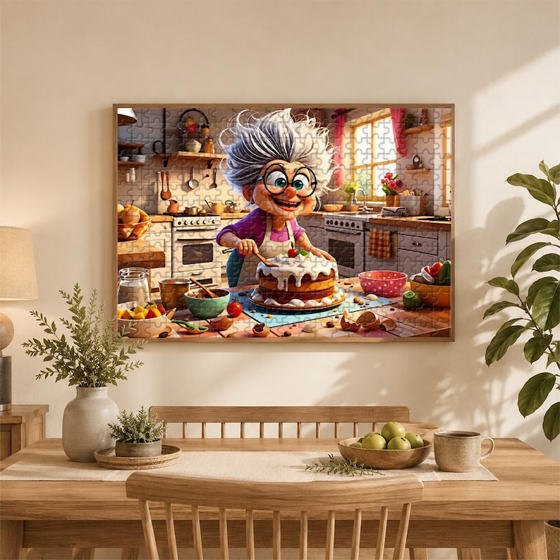 May include: A framed jigsaw puzzle depicting a cartoon of a smiling elderly woman in a kitchen, decorating a cake. The puzzle features a warm color palette with a focus on the kitchen setting, including appliances, utensils, and ingredients.