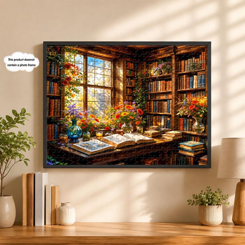 May include: A framed jigsaw puzzle depicting a cozy library scene. The image shows a wooden desk with open books, vases of flowers, and bookshelves filled with books. A large window offers a view of the outdoors, with sunlight streaming in.