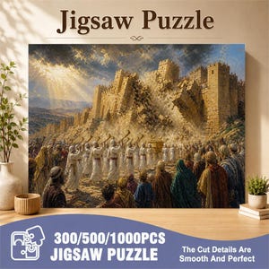 May include: A jigsaw puzzle featuring a historical illustration of the walls of Jericho collapsing as people in robes blow trumpets and carry a golden ark. The text Jigsaw Puzzle, 300/500/1000PCS JIGSAW PUZZLE, and The Cut Details Are Smooth And Perfect appears.