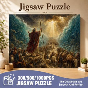 Op de afbeelding: Een legpuzzel met een dramatische illustratie van een figuur in gewaden met een staf, die een enorme zee met golven aan beide kanten splijt. De scène toont een menigte mensen en dieren die over het pad lopen. Tekst luidt Jigsaw Puzzle.