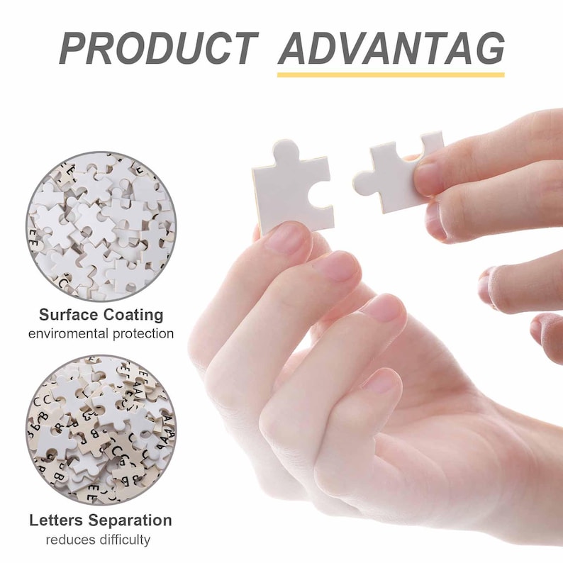 May include: White puzzle pieces with letters and numbers are shown in two circular insets. The text "PRODUCT ADVANTAGE" is at the top. One hand holds two puzzle pieces, one with a hole and one with a peg.