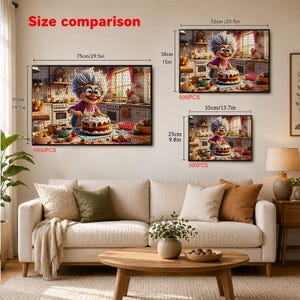 May include: Three jigsaw puzzles of a cartoon chef baking a cake, with size comparisons. The largest puzzle is 75cm/29.5in wide and 50cm/19.7in tall, the medium is 52cm/20.5in wide and 38cm/15in tall, and the smallest is 35cm/13.7in wide and 25cm/9.8in tall.