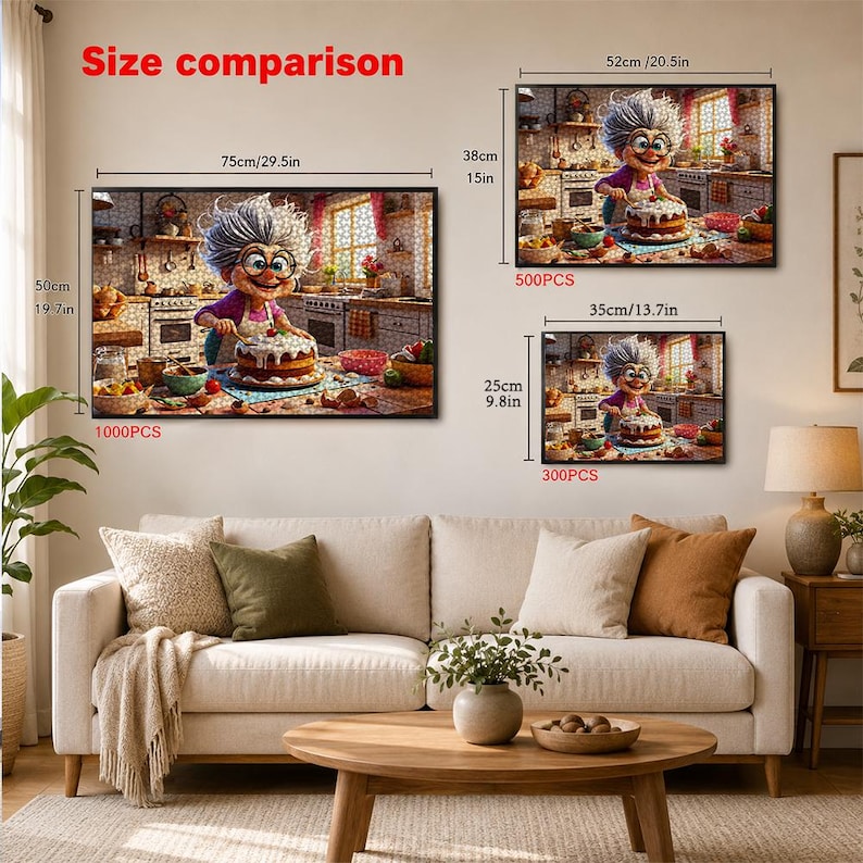 May include: Three jigsaw puzzles of a cartoon chef baking a cake, with size comparisons. The largest puzzle is 75cm/29.5in wide and 50cm/19.7in tall, the medium is 52cm/20.5in wide and 38cm/15in tall, and the smallest is 35cm/13.7in wide and 25cm/9.8in tall.