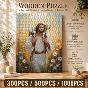 May include: Wooden jigsaw puzzle depicting a man with a lamb in a field of daisies. The puzzle is made of wooden pieces and has the text "Wooden Puzzle" at the top. Available in 300, 500, and 1000 pieces.
