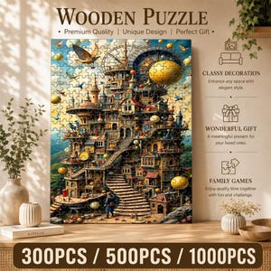 May include: A wooden puzzle featuring a detailed fantasy cityscape with towers, stairs, and whimsical elements. The puzzle includes the text "Wooden Puzzle" and options for 300, 500, or 1000 pieces. The image also includes the text "Premium Quality | Unique Design | Perfect Gift."
