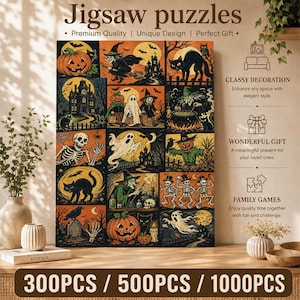 May include: A rectangular jigsaw puzzle featuring a collage of Halloween illustrations including pumpkins, witches, ghosts, skeletons, and black cats in orange, black, and yellow tones. The text "Jigsaw puzzles" and "300PCS / 500PCS / 1000PCS" is visible.
