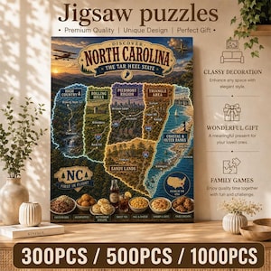 Può includere: Una scatola di puzzle rettangolare con una mappa della Carolina del Nord divisa in regioni come High Country, Piedmont e Triangle Area. Il design include illustrazioni di monumenti, un aereo e cibi come biscotti e pollo fritto.